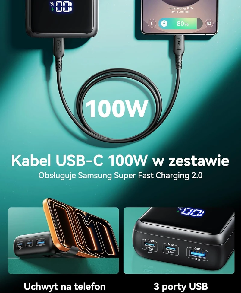INIU išorinis akumuliatorius 100 W, 25000 mAh, 2 x USB-C, greitasis įkrovimas, BI-B63