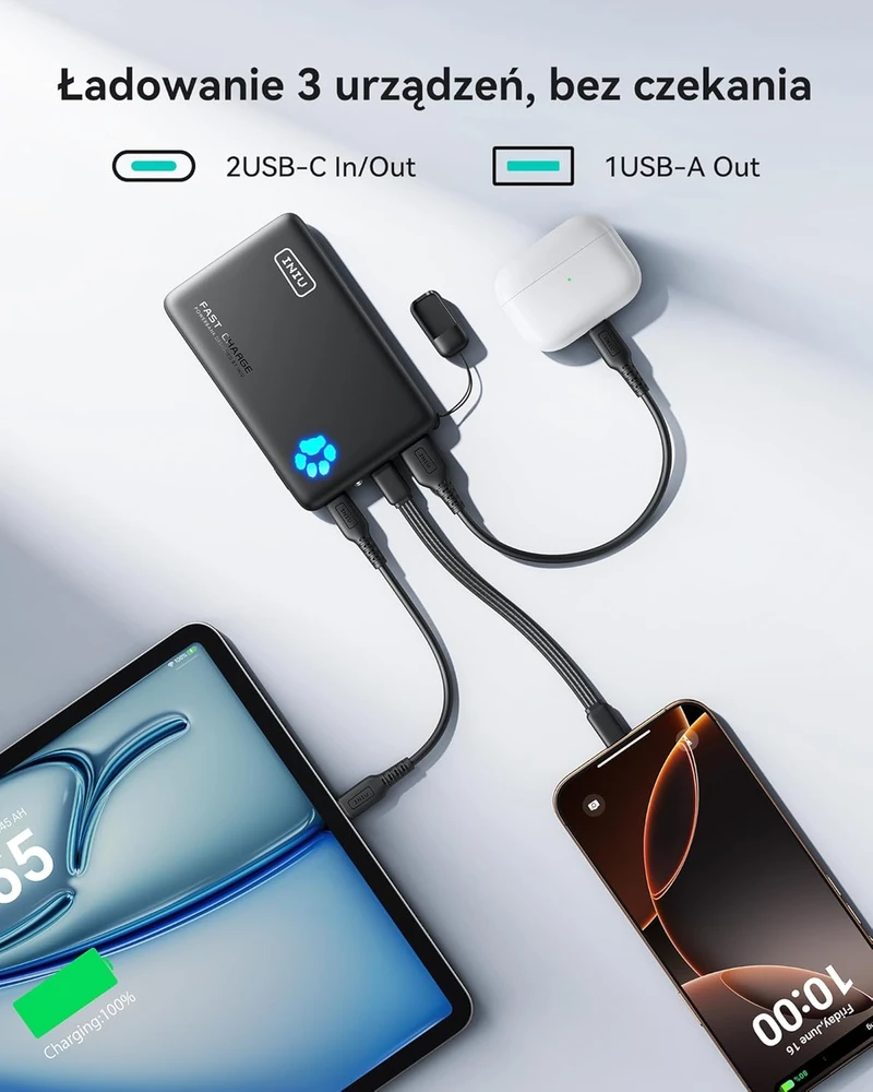 INIU išorinis akumuliatorius 10000 mAh, 45 W, 2 x USB-C, PD3.0, juodas, P41