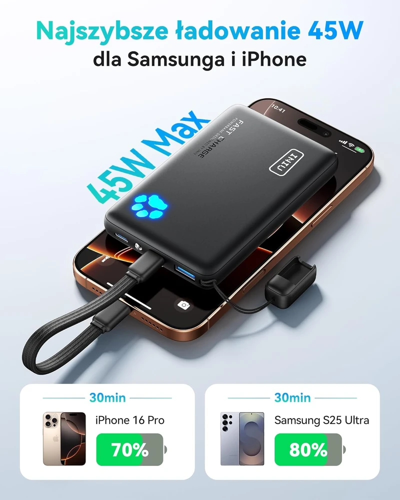 INIU išorinis akumuliatorius 10000 mAh, 45 W, 2 x USB-C, PD3.0, juodas, P41
