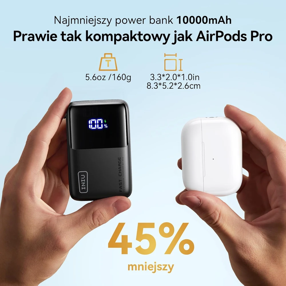 INIU išorinis akumuliatorius 10000 mAh, 45 W, USB-C ir USB-A jungtys, greitasis įkrovimas, P50