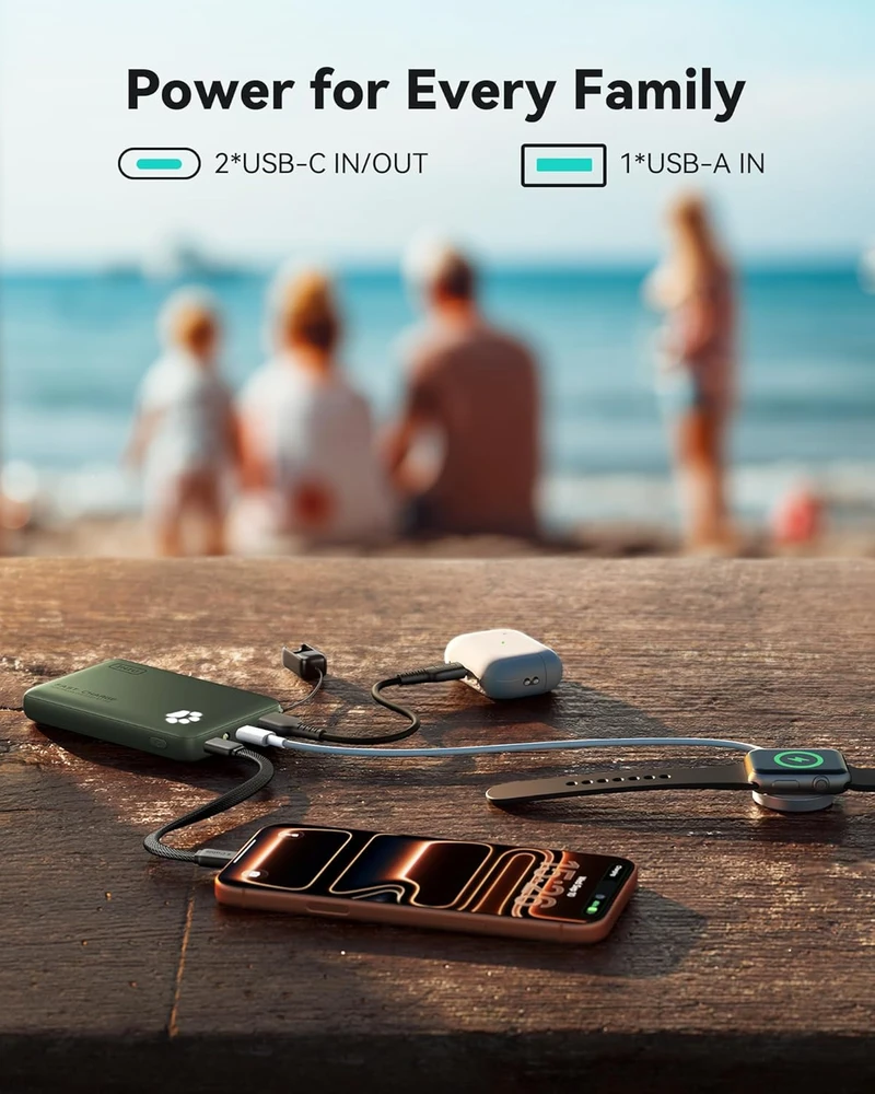 INIU išorinis akumuliatorius 10000 mAh, 45 W, PD, dvi USB-C jungtys, žalia, P41