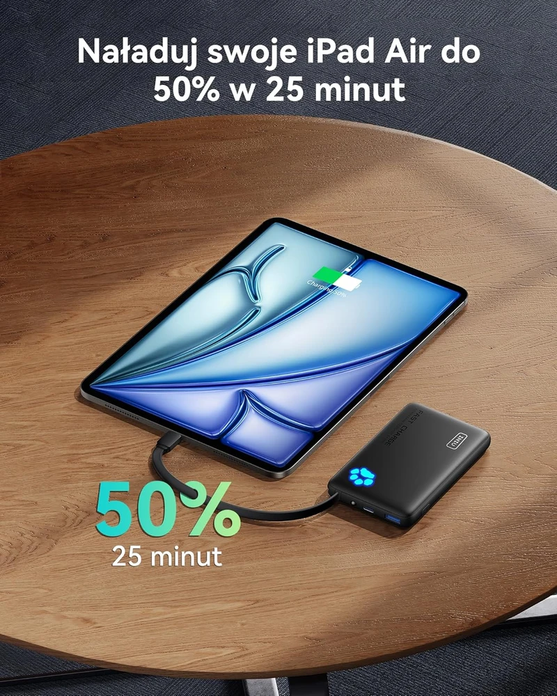 INIU išorinis akumuliatorius 10000 mAh 45 W su įmontuotu USB-C laidu, PD3.0, QC4.0, juodas