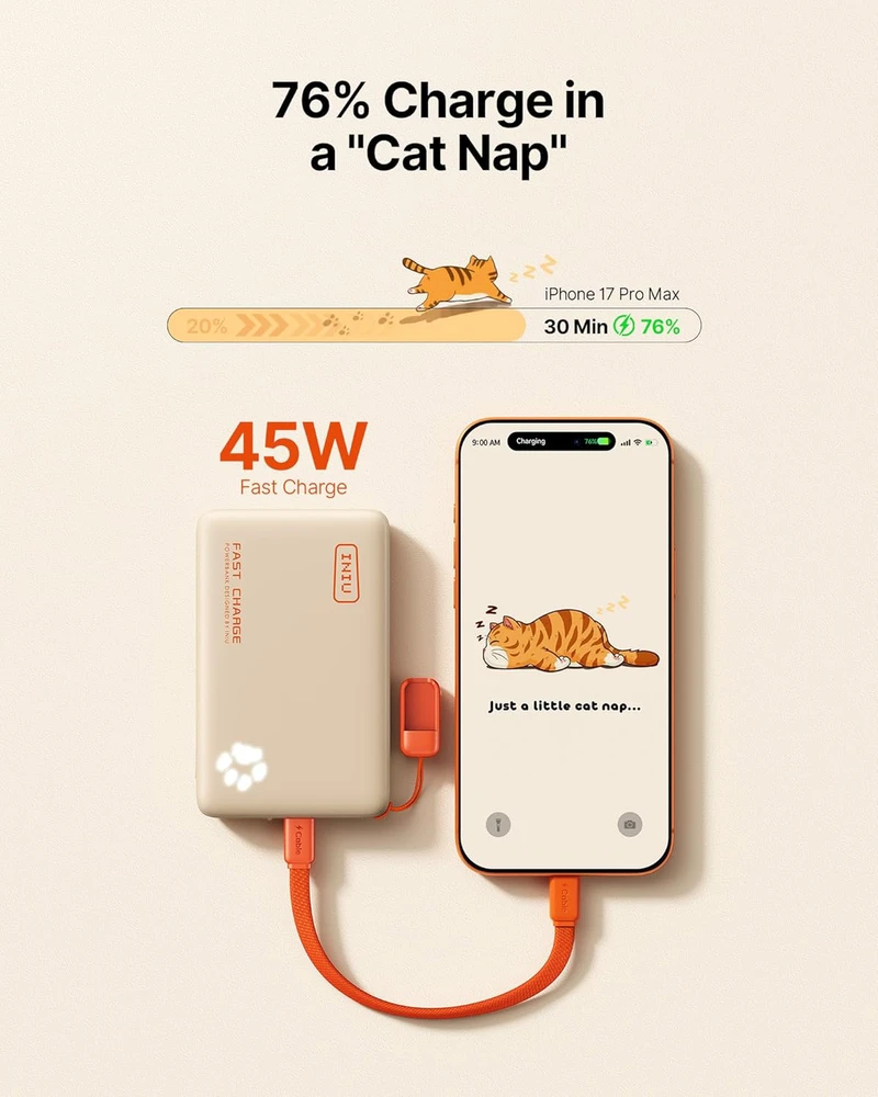 INIU išorinis akumuliatorius 10000 mAh 45 W 2x USB-C PD3.0 su žibintuvėliu, P41