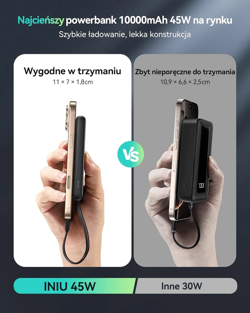 INIU išorinis akumuliatorius 10000 mAh 45 W su įmontuotu USB-C laidu, PD3.0, QC4.0, juodas