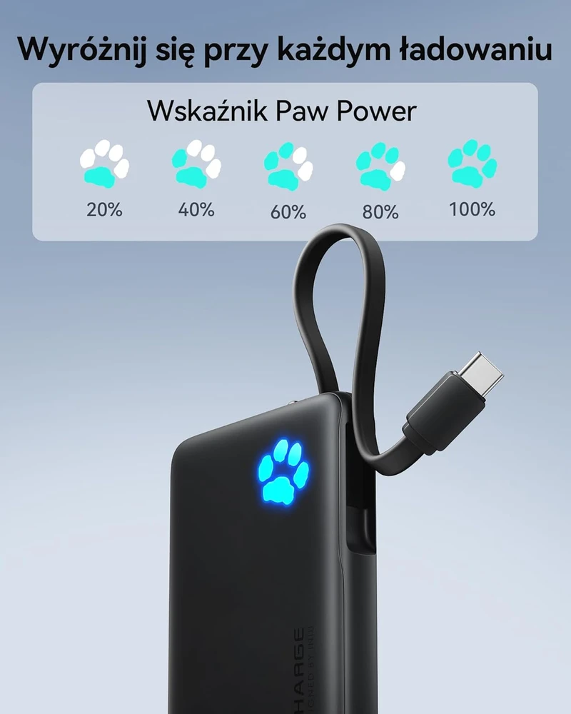 INIU išorinis akumuliatorius 10000 mAh 45 W su įmontuotu USB-C laidu, PD3.0, QC4.0, juodas
