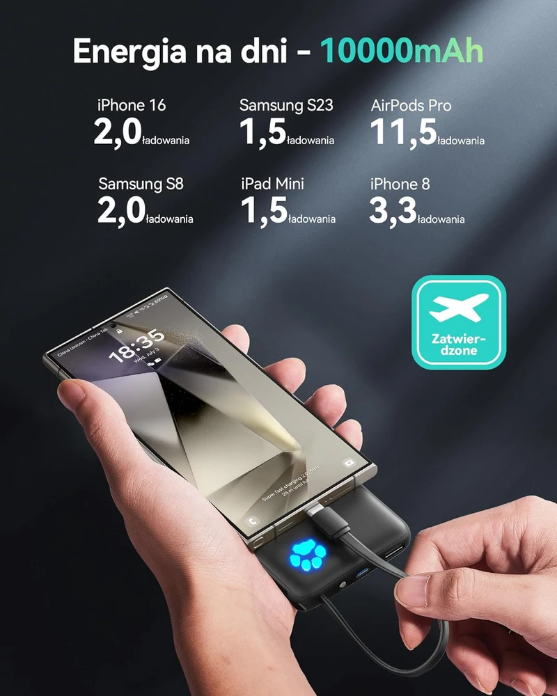 INIU išorinis akumuliatorius 10000 mAh 45 W su įmontuotu USB-C laidu, PD3.0, QC4.0, juodas