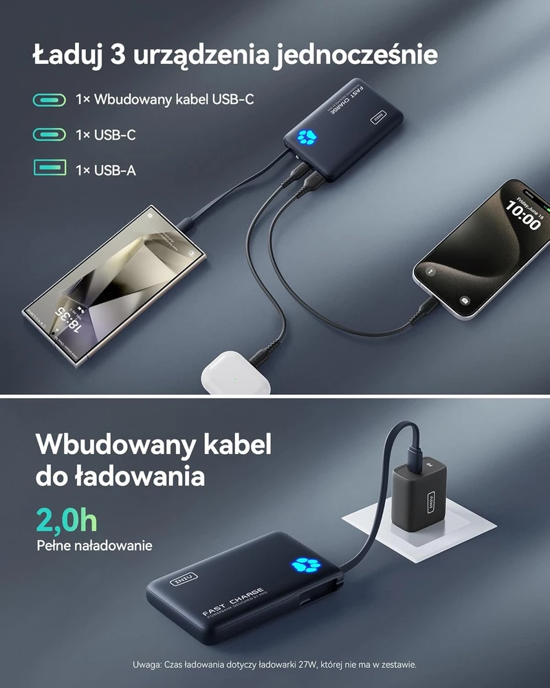 INIU išorinis akumuliatorius 10000 mAh 45 W su įmontuotu USB-C laidu, PD3.0, QC4.0, juodas