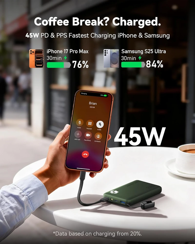 INIU išorinis akumuliatorius 10000 mAh, 45 W, PD, dvi USB-C jungtys, žalia, P41