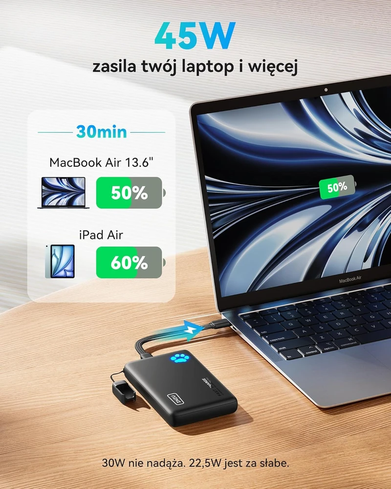 INIU išorinis akumuliatorius 10000 mAh, 45 W, 2 x USB-C, PD3.0, juodas, P41
