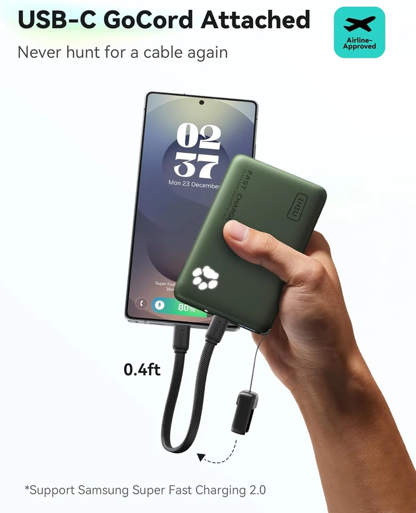 INIU išorinis akumuliatorius 10000 mAh, 45 W, PD, dvi USB-C jungtys, žalia, P41