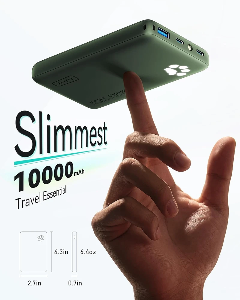 INIU išorinis akumuliatorius 10000 mAh, 45 W, PD, dvi USB-C jungtys, žalia, P41