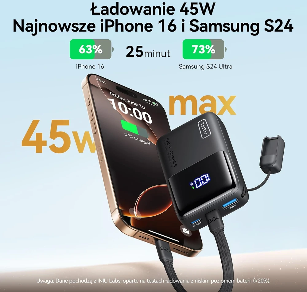 INIU išorinis akumuliatorius 10000 mAh, 45 W, USB-C ir USB-A jungtys, greitasis įkrovimas, P50