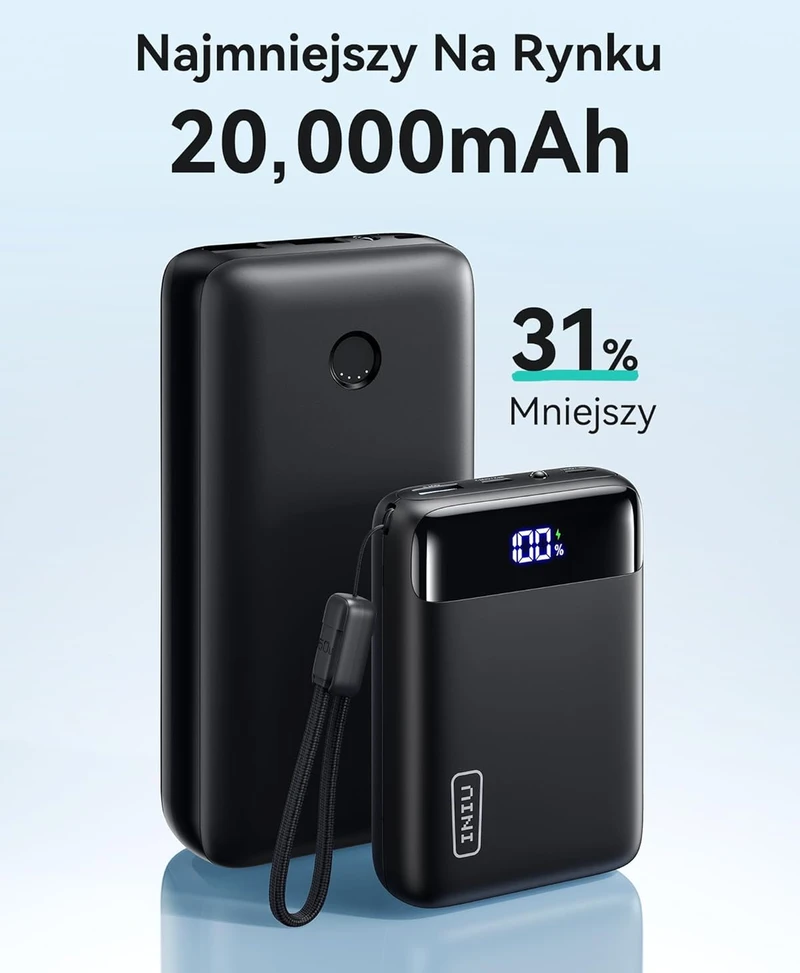 INIU išorinis akumuliatorius 20000 mAh, 22,5 W greitasis įkrovimas, 2 x USB-C, USB-A, juodas, P512