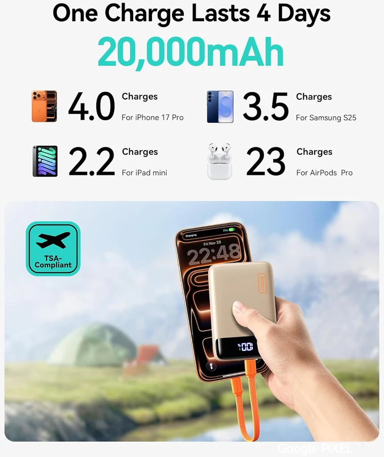 INIU išorinis akumuliatorius 20000 mAh 22,5 W greitas įkrovimas, USB-C, kompaktiškas, P512