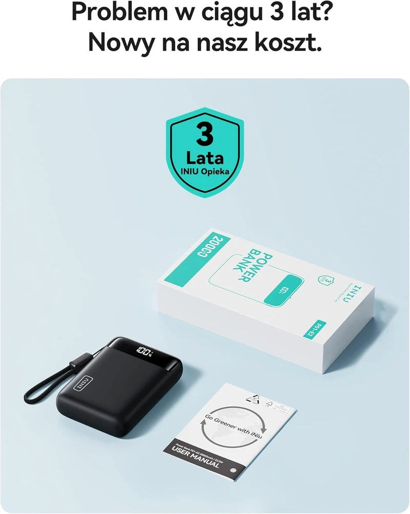 INIU išorinis akumuliatorius 20000 mAh, 22,5 W greitasis įkrovimas, 2 x USB-C, USB-A, juodas, P512