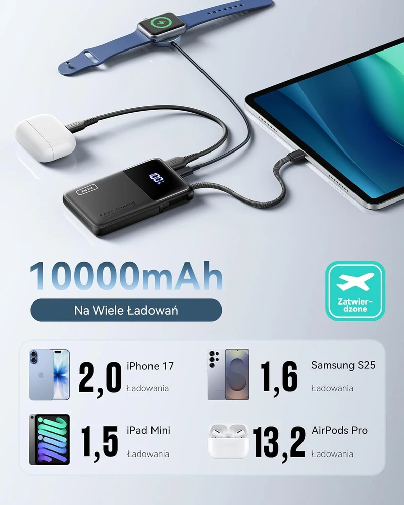 INIU išorinis akumuliatorius 45 W, 10000 mAh, USB-C kabelis, PD/QC, juoda, P55L
