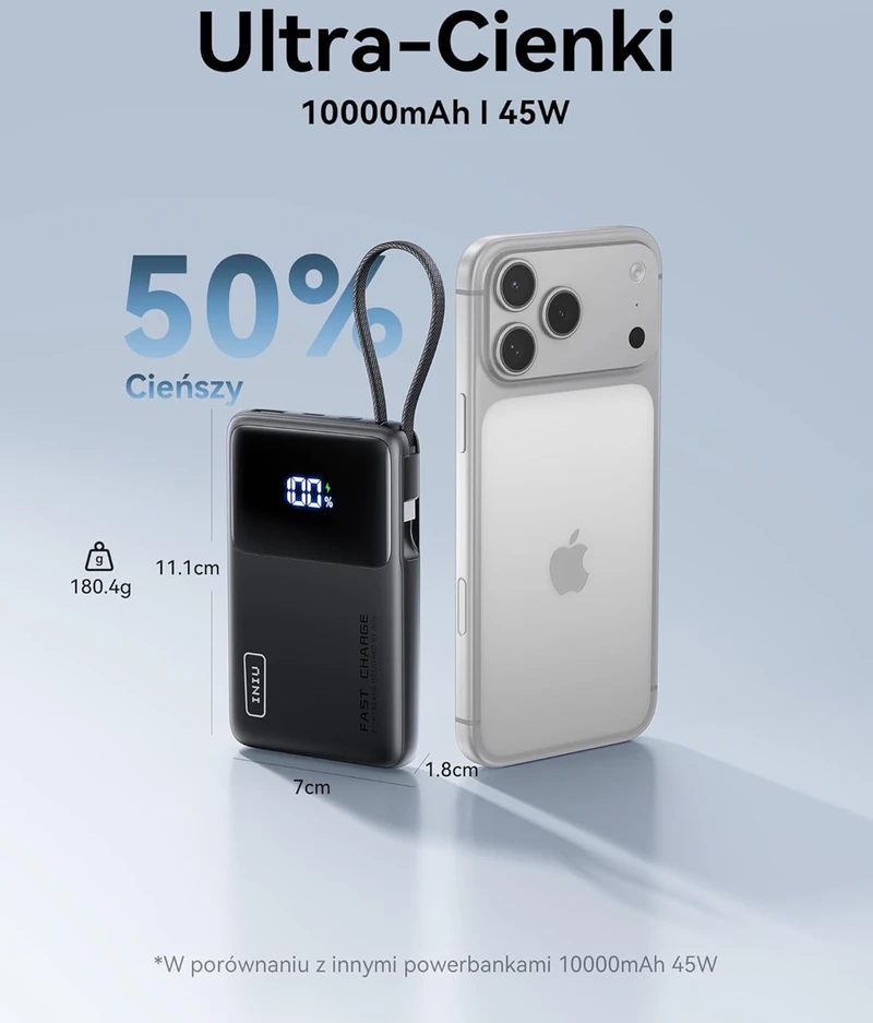 INIU išorinis akumuliatorius 45 W, 10000 mAh, USB-C kabelis, PD/QC, juoda, P55L