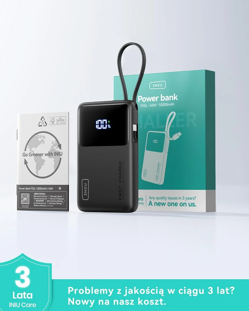 INIU išorinis akumuliatorius 45 W, 10000 mAh, USB-C kabelis, PD/QC, juoda, P55L
