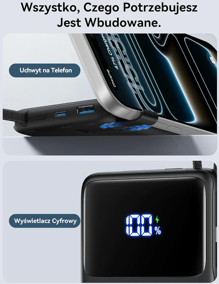 INIU išorinis akumuliatorius 45 W, 10000 mAh, USB-C kabelis, PD/QC, juoda, P55L