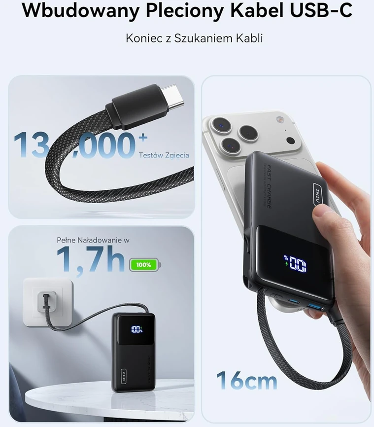 INIU išorinis akumuliatorius 45 W, 10000 mAh, USB-C kabelis, PD/QC, juoda, P55L