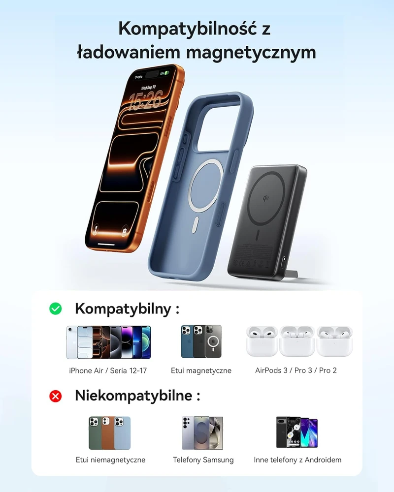 INIU magnetinis išorinis akumuliatorius 10000 mAh, 15 W belaidis įkrovimas, 45 W USB-C PD, Qi2, P73