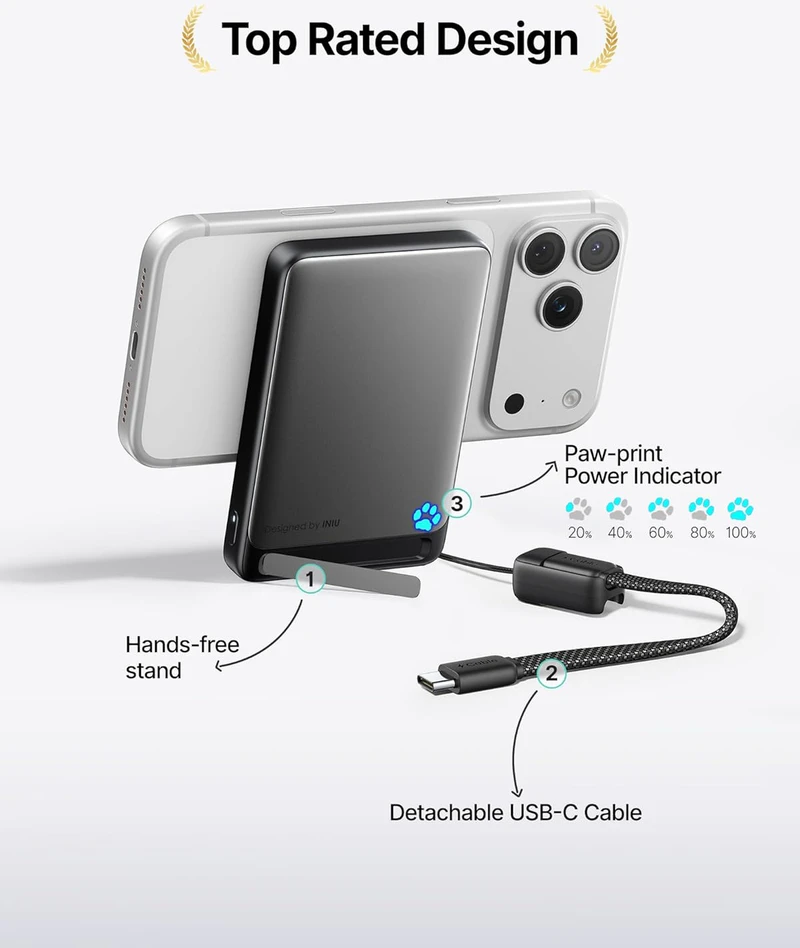 INIU magnetinis išorinis akumuliatorius 10000 mAh, 45 W, belaidis Qi2, USB-C su laidu ir stovu, P73