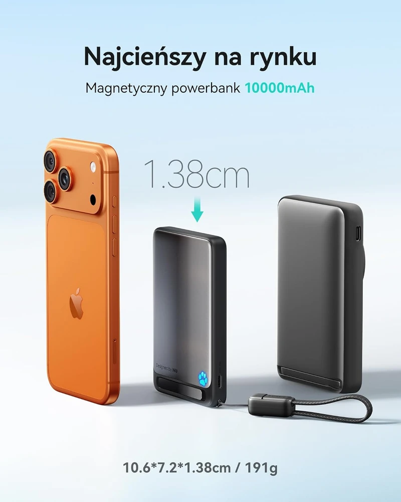INIU magnetinis išorinis akumuliatorius 10000 mAh, 15 W belaidis įkrovimas, 45 W USB-C PD, Qi2, P73
