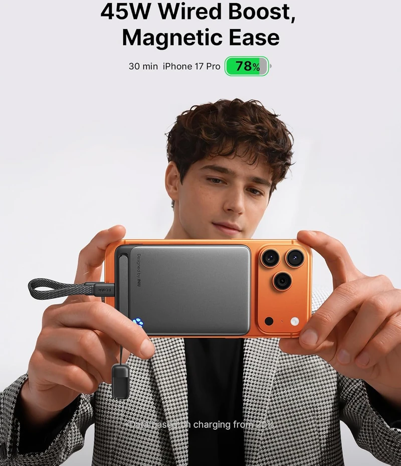 INIU magnetinis išorinis akumuliatorius 10000 mAh, 45 W, belaidis Qi2, USB-C su laidu ir stovu, P73