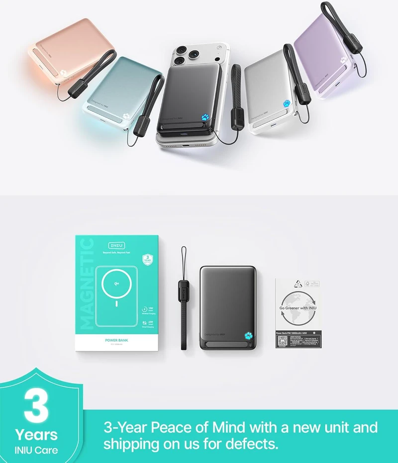 INIU magnetinis išorinis akumuliatorius 10000 mAh, 45 W, belaidis Qi2, USB-C su laidu ir stovu, P73
