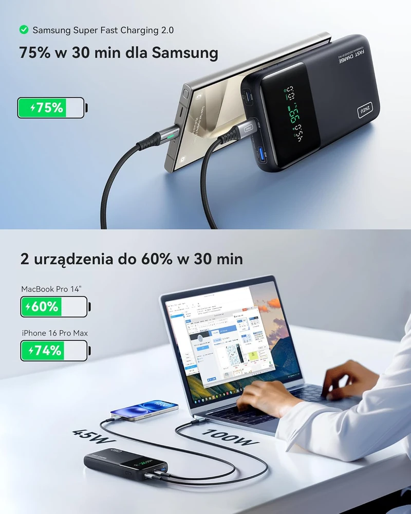 INIU nešiojamas išorinis akumuliatorius 25000 mAh, 140 W, 2x USB-C, 1x USB-A, P64