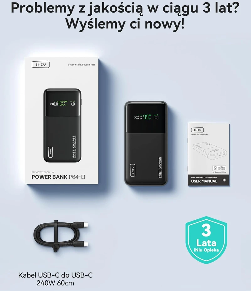 INIU nešiojamas išorinis akumuliatorius 25000 mAh, 140 W, 2x USB-C, 1x USB-A, P64