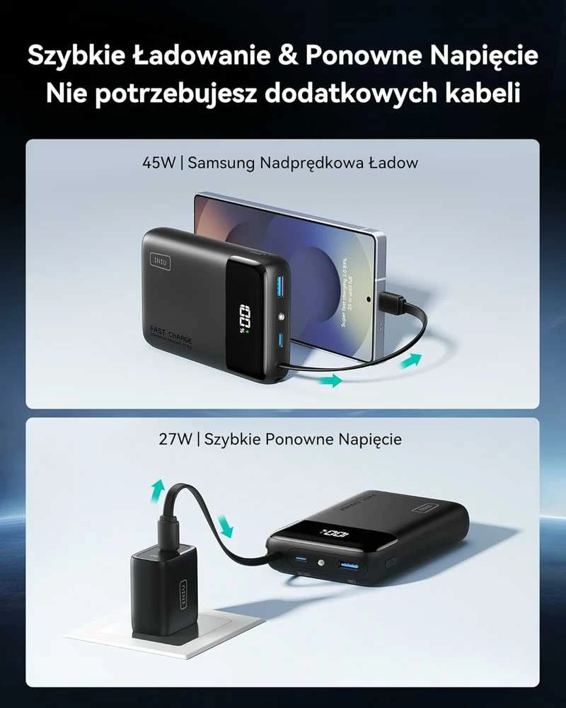 INIU P51L powerbank 20000 mAh su integruotu USB-C kabeliu, 45 W PD3.0 / QC4.0, juodas