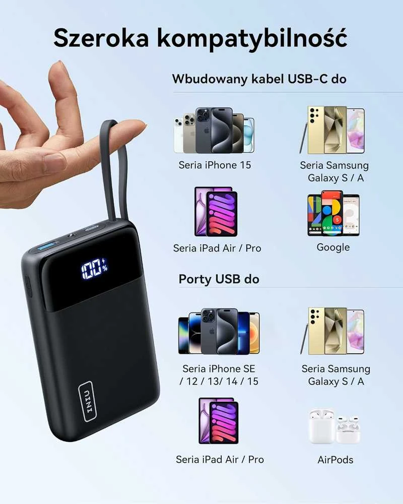 INIU P51L powerbank 20000 mAh su integruotu USB-C kabeliu, 45 W PD3.0 / QC4.0, juodas