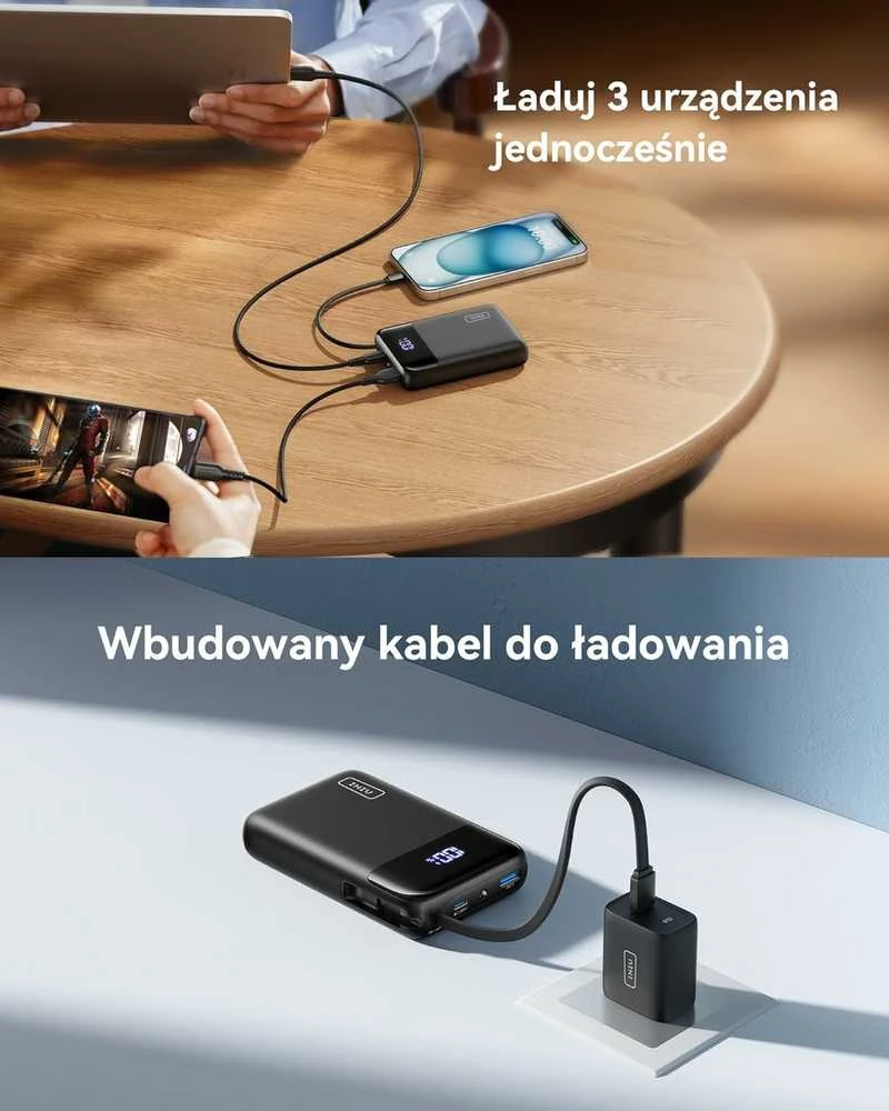 INIU P51L powerbank 20000 mAh su integruotu USB-C kabeliu, 45 W PD3.0 / QC4.0, juodas