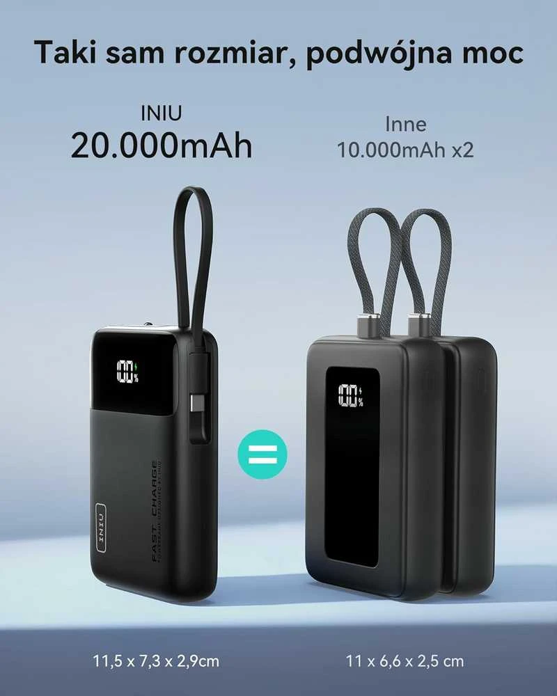 INIU P51L powerbank 20000 mAh su integruotu USB-C kabeliu, 45 W PD3.0 / QC4.0, juodas