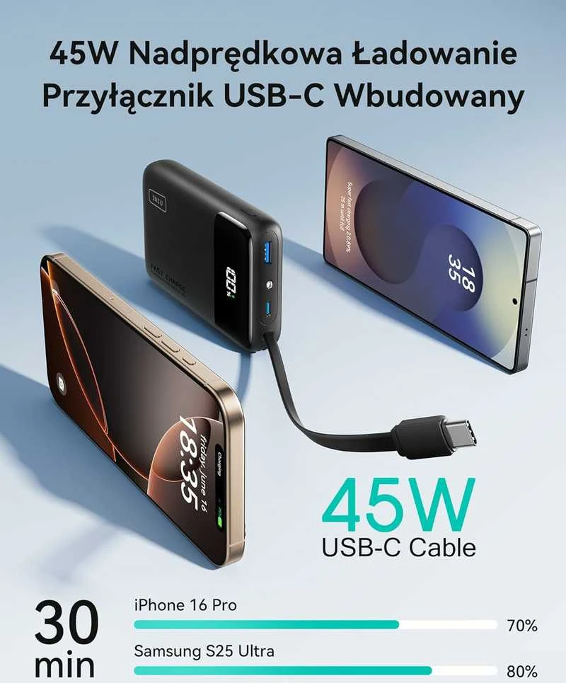 INIU P51L powerbank 20000 mAh su integruotu USB-C kabeliu, 45 W PD3.0 / QC4.0, juodas