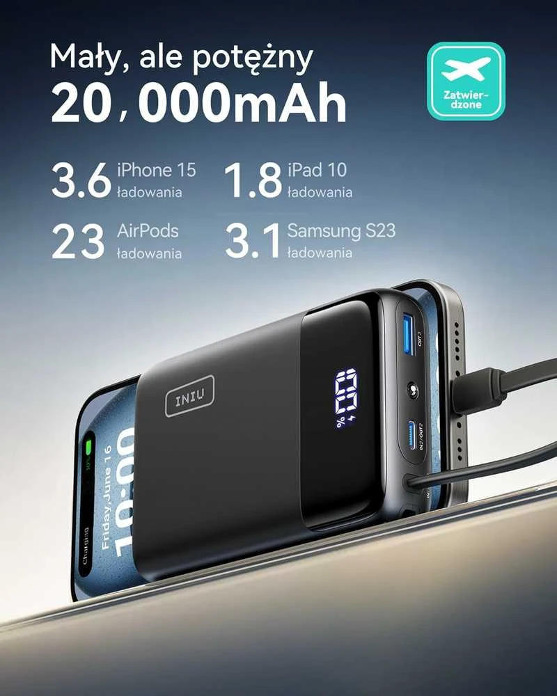 INIU P51L powerbank 20000 mAh su integruotu USB-C kabeliu, 45 W PD3.0 / QC4.0, juodas