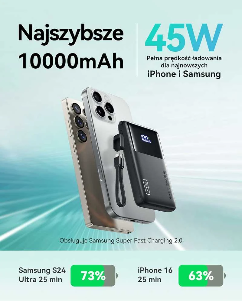 INIU P61-E1 45 W 10000 mAh itin plonas powerbankas su USB-C ir USB-A, juodas