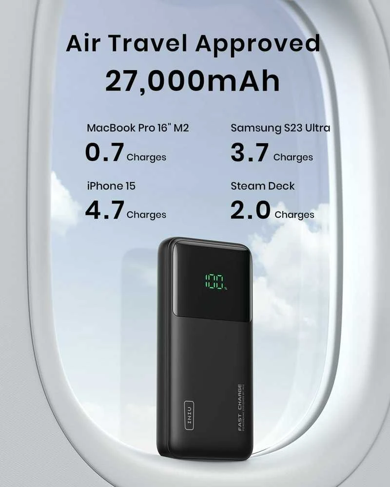 INIU PowerNova išorinis akumuliatorius 27000 mAh, 140 W PD 3.1, USB-C ir USB-A, juodas