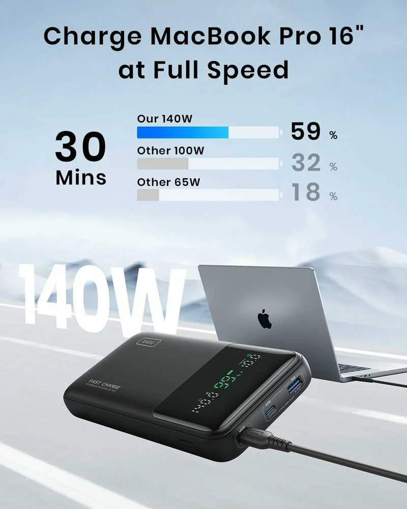 INIU PowerNova išorinis akumuliatorius 27000 mAh, 140 W PD 3.1, USB-C ir USB-A, juodas
