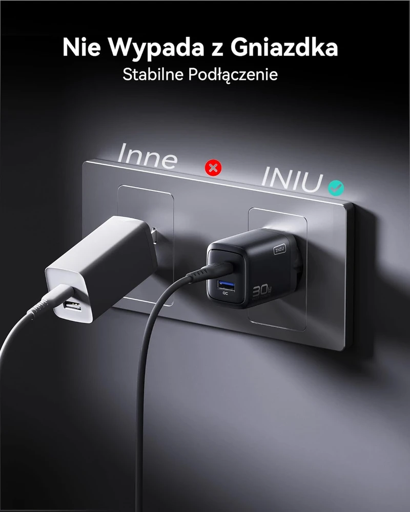 INIU sieninis įkroviklis 30 W, 2 USB lizdai (USB-C + USB-A), GaN, PD 3.0 greitasis įkrovimas, A12-E1-1P