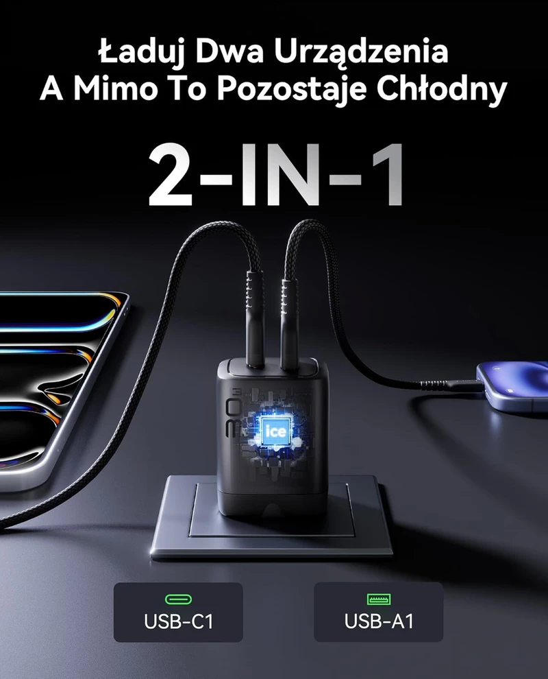 INIU sieninis įkroviklis 30 W, 2 USB lizdai (USB-C + USB-A), GaN, PD 3.0 greitasis įkrovimas, A12-E1-1P