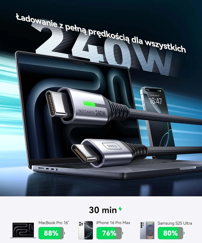 INIU USB-C į USB-C kabelis 240 W, 2 m, greitasis įkrovimas, nailoninis, 2 vnt.