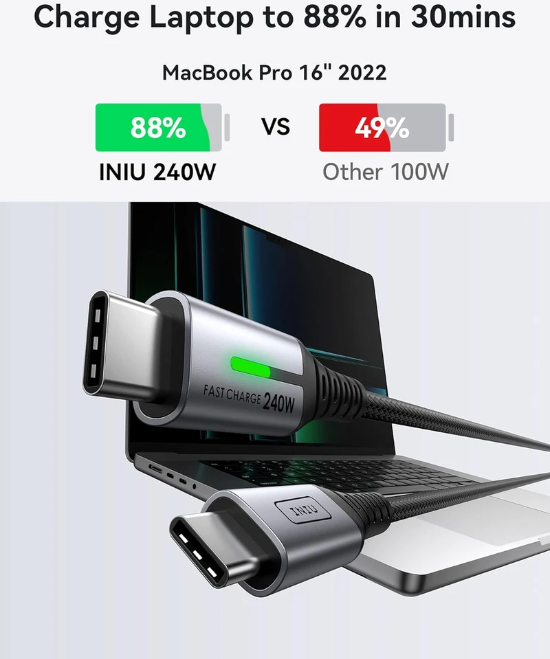 INIU USB-C į USB-C laidas 240 W, 2 m, greitasis įkrovimas, PD standartas, juodas