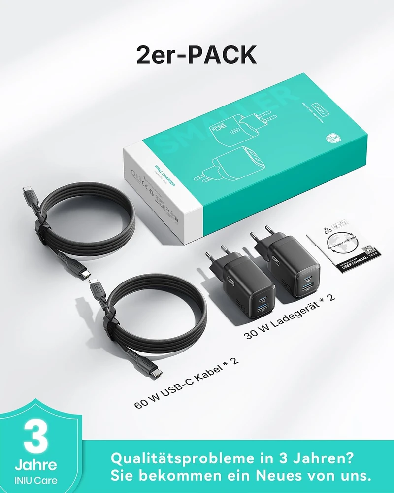 INIU USB-C kroviklis 30 W, 2 lizdų (USB-C ir USB-A), greitasis įkrovimas, GaN PD, A12-E1 (2 vnt.)