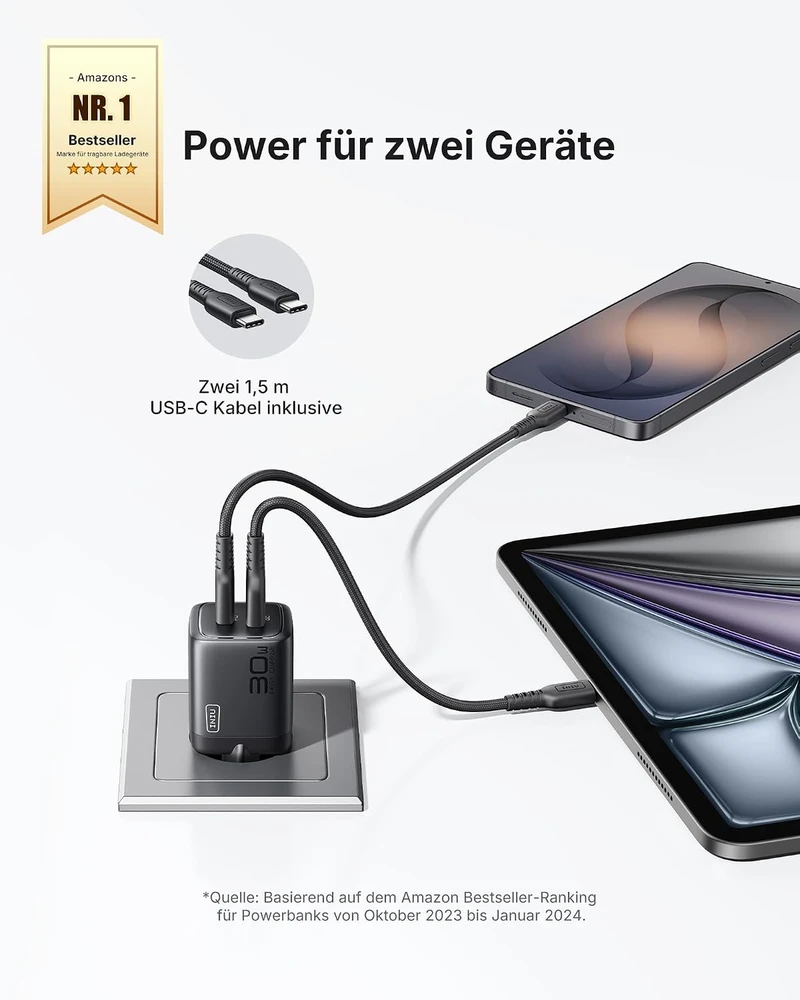 INIU USB-C kroviklis 30 W, 2 lizdų (USB-C ir USB-A), greitasis įkrovimas, GaN PD, A12-E1 (2 vnt.)