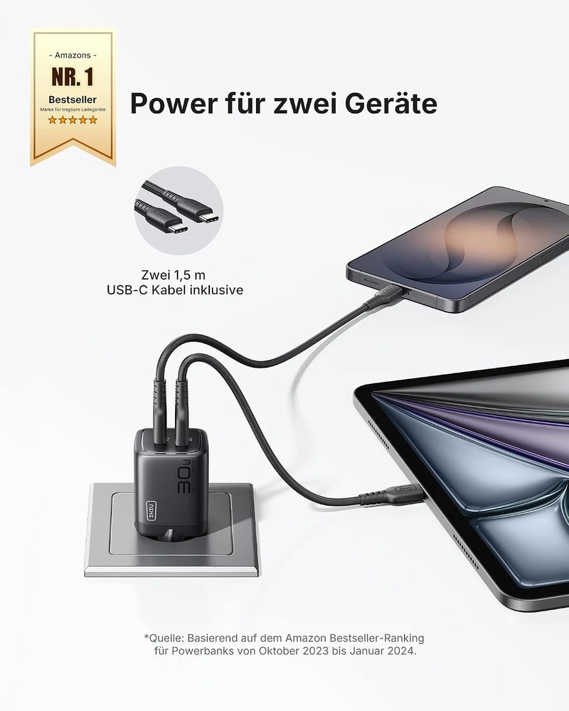 INIU USB-C kroviklis 30 W, 2 lizdų (USB-C ir USB-A), greitasis įkrovimas, GaN PD, A12-E1 (2 vnt.)