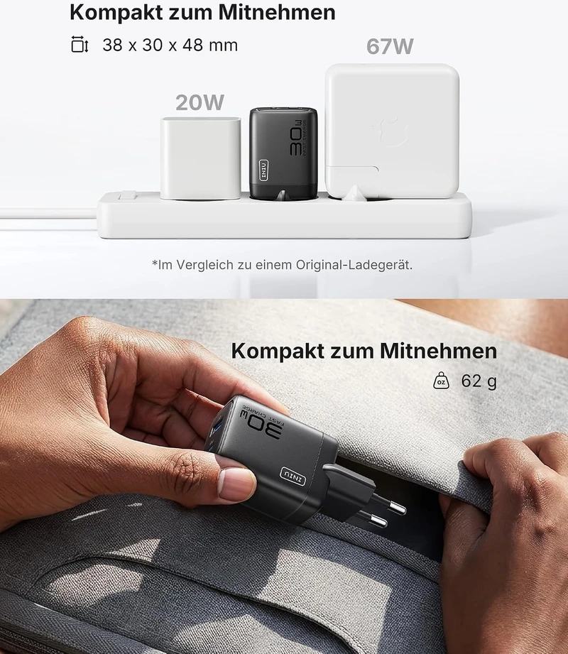 INIU USB-C kroviklis 30 W, 2 lizdų (USB-C ir USB-A), greitasis įkrovimas, GaN PD, A12-E1 (2 vnt.)