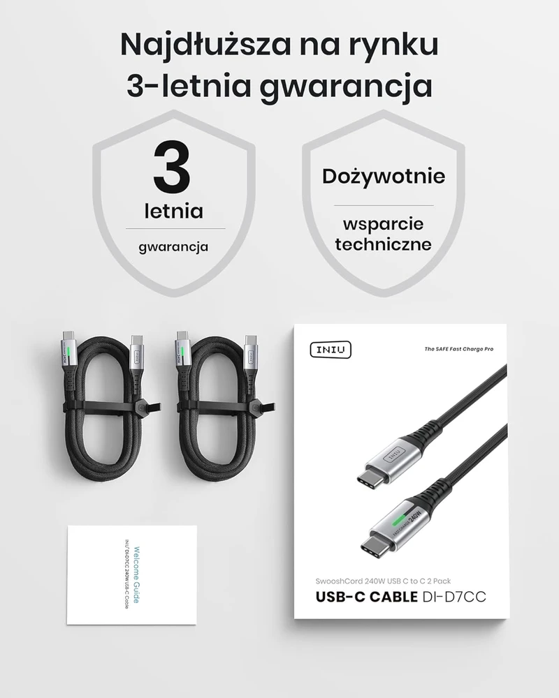 INIU USB-C – USB-C laidas 240 W, 1 m nailono pynimo, greitam įkrovimui, 2 vnt. komplektas