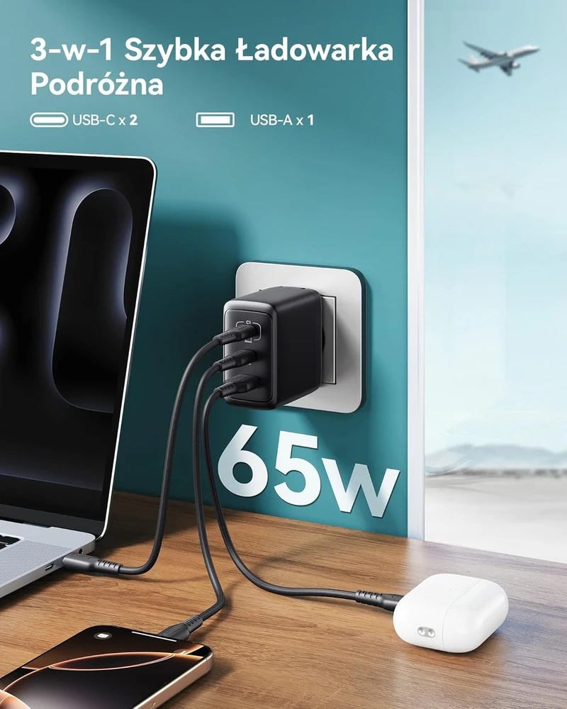 INIU USB kroviklis 65 W, 3 jungtys (2 x USB-C + 1x USB-A), greitas PD įkrovimas, GaN technologija